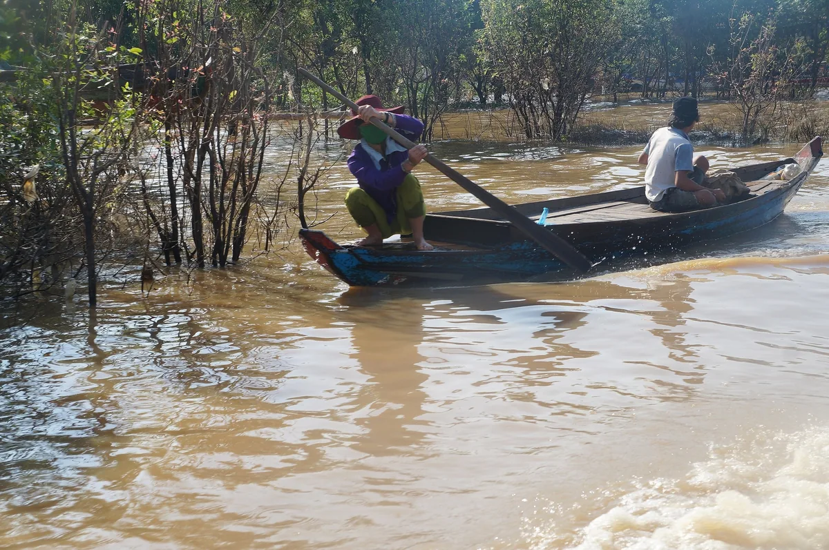 A woman rows a small wooden boat through flooded forest waters near the Tonle Sap biosphere reserve in Siem Reap.